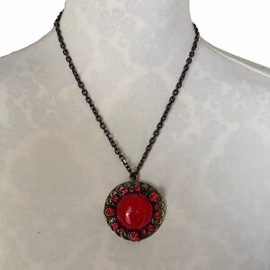 Red Statement Pendant Necklace – Antique Gold Tone Chain & Crystal Accents